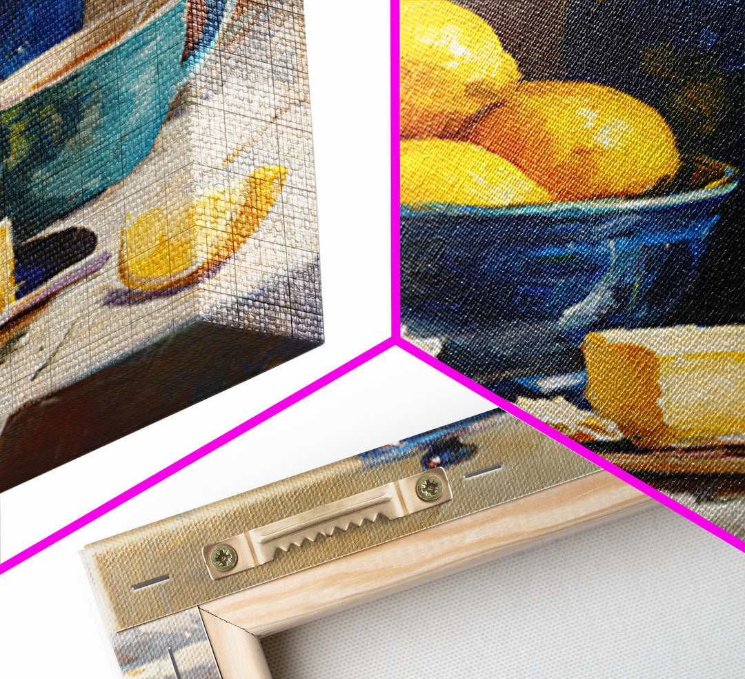 Lemons and Blue Ceramic Bowl Still Life Canvas Print, Kitchen Art, Trendy Wall Art, Kitchen Decor, Fine Art, Kitchen, KIT-1x1-50