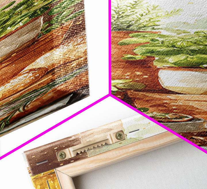 Fresh Herbs in Terracotta Pots Framed Canvas Print, Kitchen Art, Textured Painting, Kitchen Decor, Fine Art, Kitchen, KIT-1x3-61