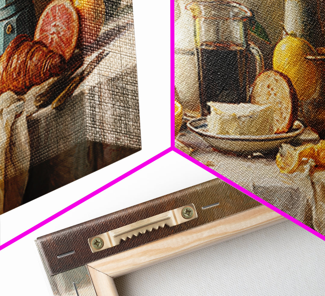 Coffee Pot and Croissant Morning Still Life Framed Canvas Print, Kitchen Art, Art Deco, Kitchen Decor, Fine Art, Kitchen, KIT-2x1-3
