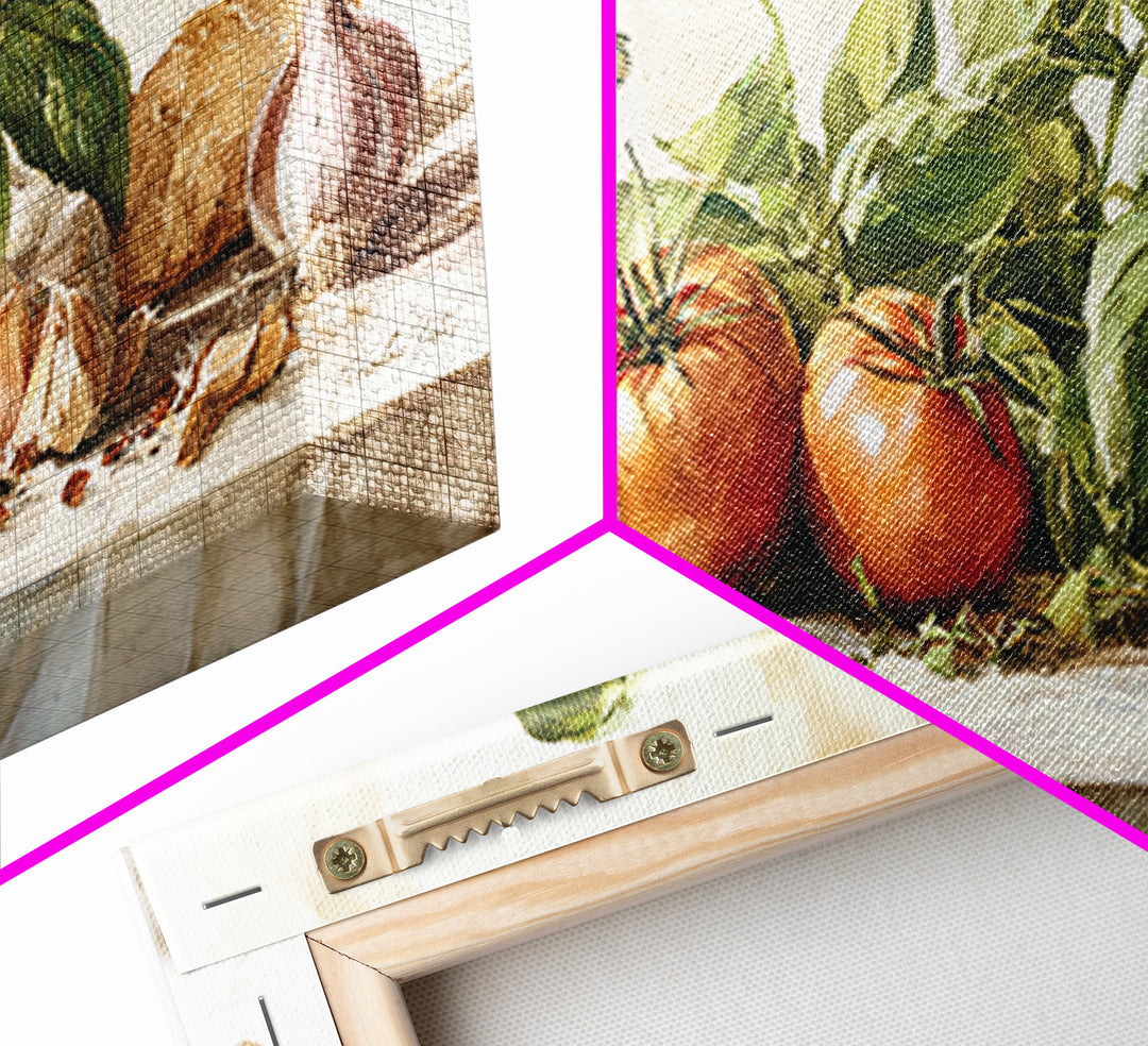 Tomatoes Garlic and Basil on Linen Framed Canvas Print, Kitchen Art, Kitchen Art Print, Kitchen Decor, Fine Art, Kitchen, KIT-2x1-95