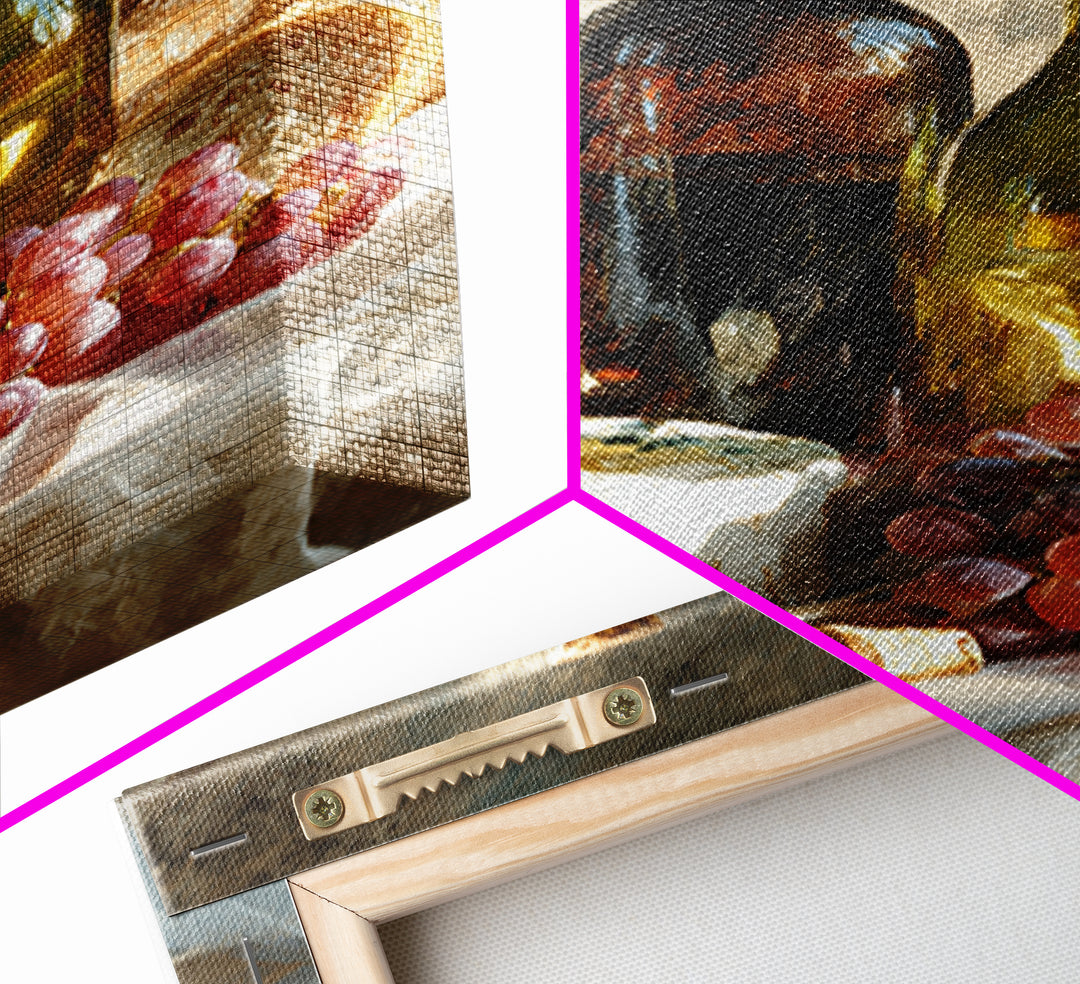 Wine Bottle Grapes and Cheese Still Life Framed Canvas Print, Kitchen Art, Print, Kitchen Decor, Oil Painting, Kitchen, KIT-2x3-20