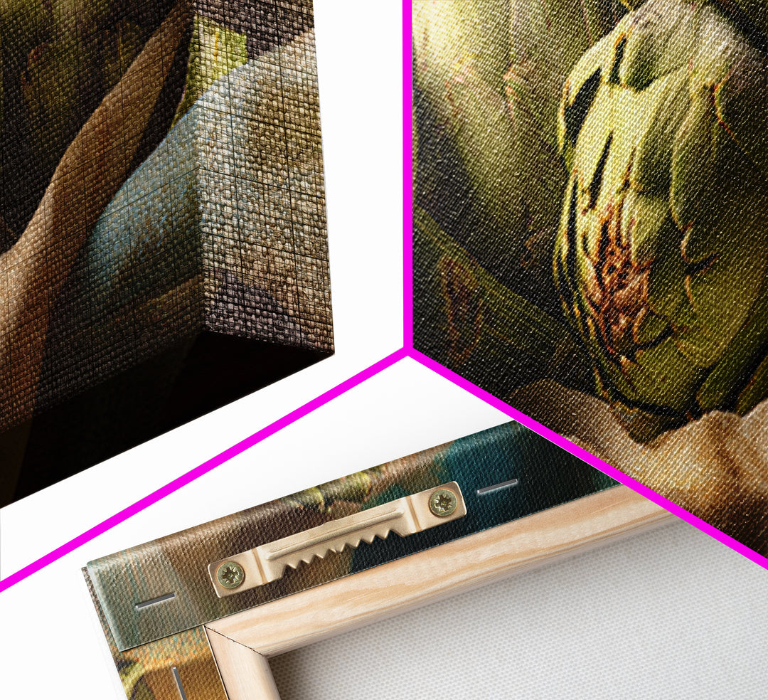 Artichoke Closeup in Painterly Green Tones Framed Canvas Print, Kitchen Art, Trendy Wall Art, Kitchen Decor, Fine Art, Kitchen, KIT-3x1-12