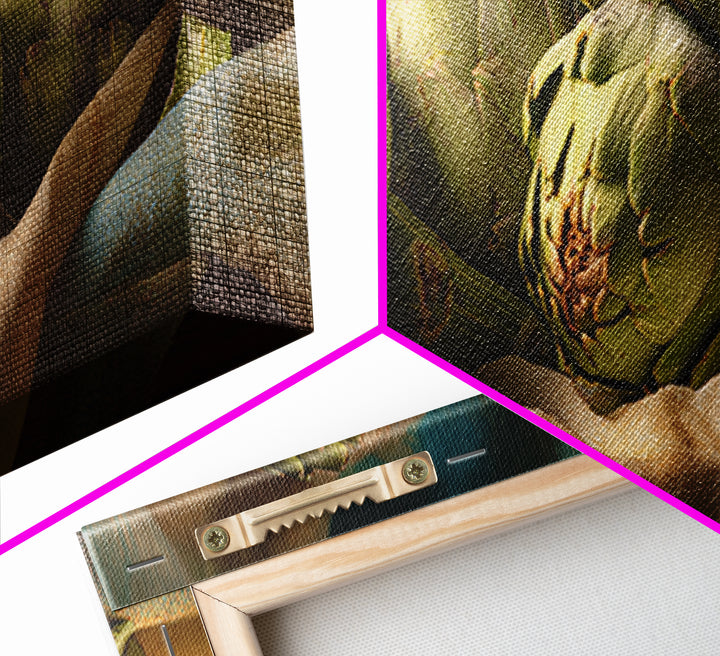 Artichoke Closeup in Painterly Green Tones Framed Canvas Print, Kitchen Art, Trendy Wall Art, Kitchen Decor, Fine Art, Kitchen, KIT-3x1-12