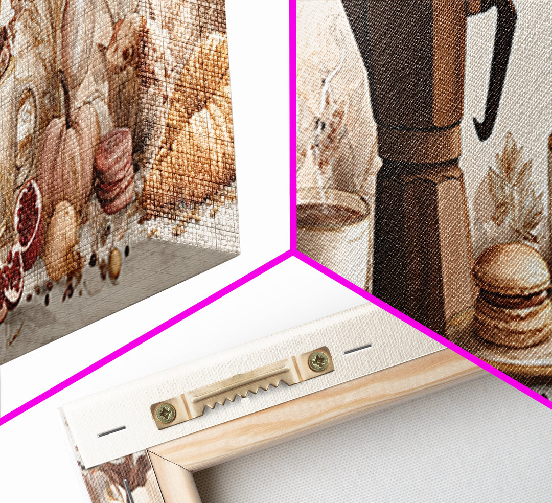 Coffee Pot and Croissant Morning Still Life Framed Canvas Print, Kitchen Art, Boho Decor, Kitchen Decor, Fine Art, Kitchen, KIT-3x1-23