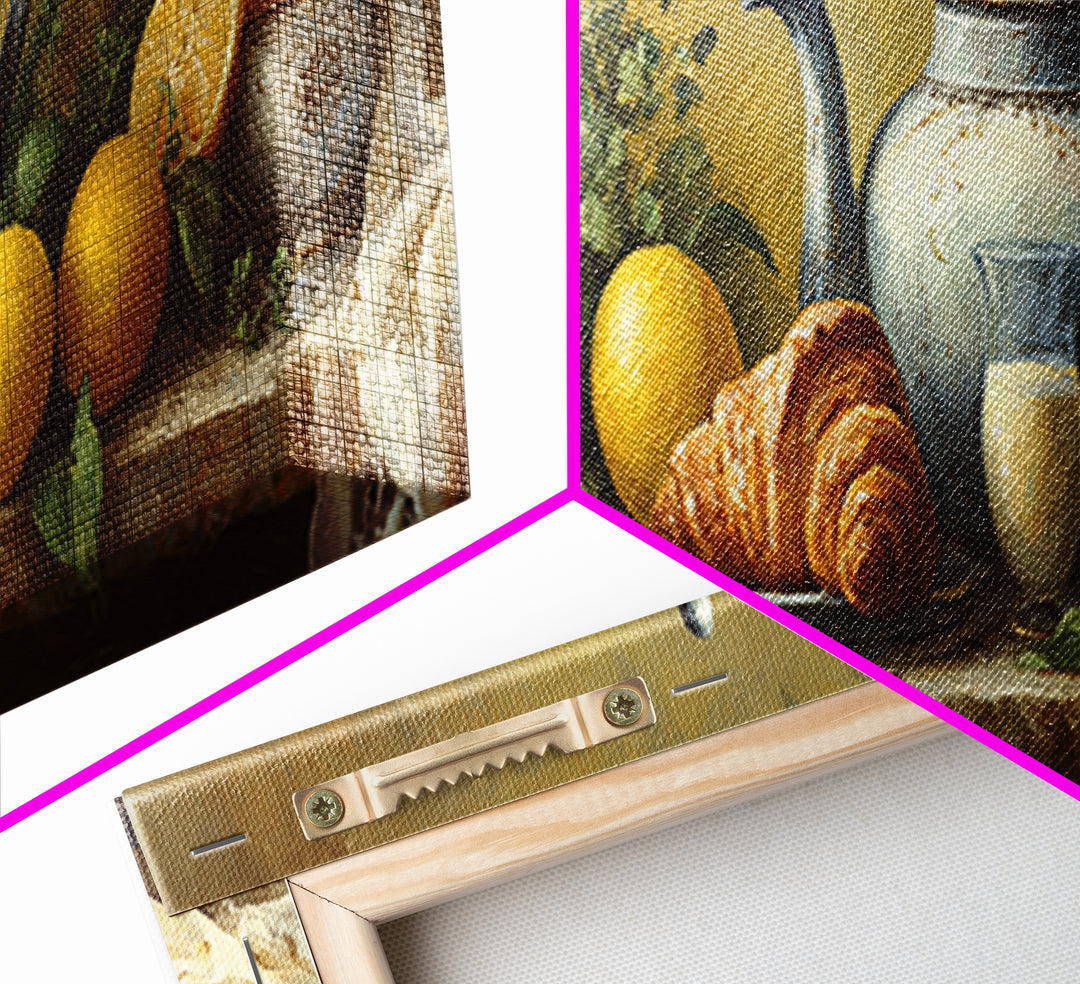 Coffee Pot and Croissant Morning Still Life Framed Canvas Print, Kitchen Art, Kitchen, Kitchen Decor, Oil Painting, Kitchen, KIT-3x1-47