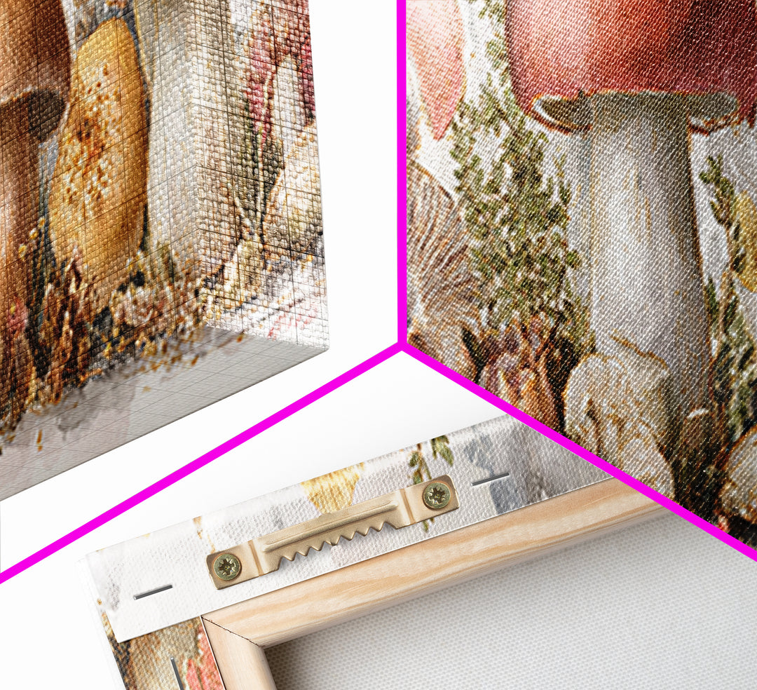 Mushrooms and Thyme Botanical Study Framed Canvas Print, Kitchen Art, Art Deco, Kitchen Decor, Watercolor Art, Kitchen, KIT-3x1-79