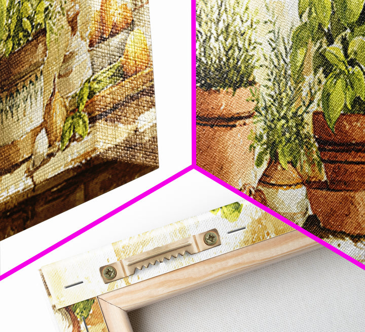 Fresh Herbs in Terracotta Pots Framed Canvas Print, Kitchen Art, Kitchen Art Print, Kitchen Decor, Oil Painting, Kitchen, KIT-3x1-89