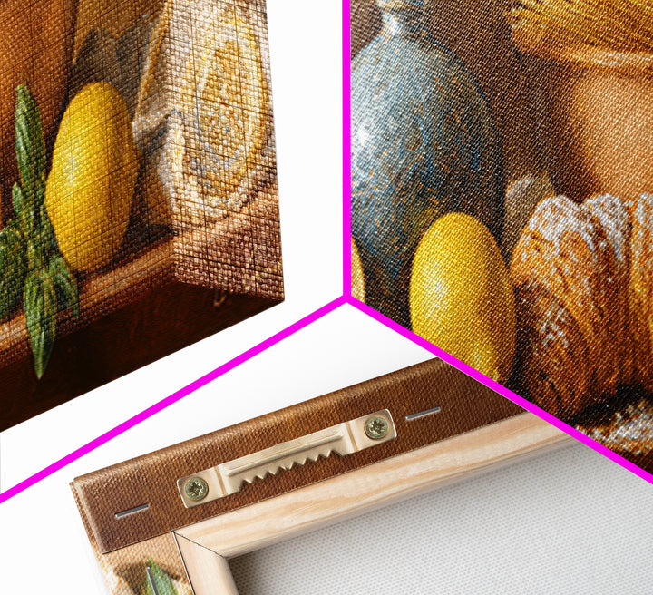 Pasta Lemons and Basil Mediterranean Still Life Framed Canvas Print, Kitchen Art, Digital Wall Art, Kitchen Decor, Kitchen, KIT-3x1-9