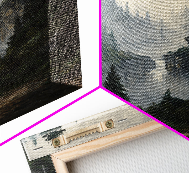 Waterfall Hidden in Dense Forest Framed Canvas Print, Landscape Art, Decor, Living Room Decor, Oil Painting, Horizon, LAN-1x1-12