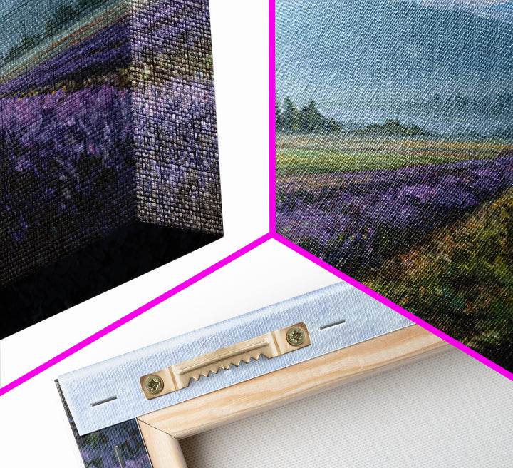 Lavender Field Leading to Distant Hills Framed Canvas Print, Landscape Art, Modern Art, Living Room Decor, Watercolor Art, LAN-1x1-34