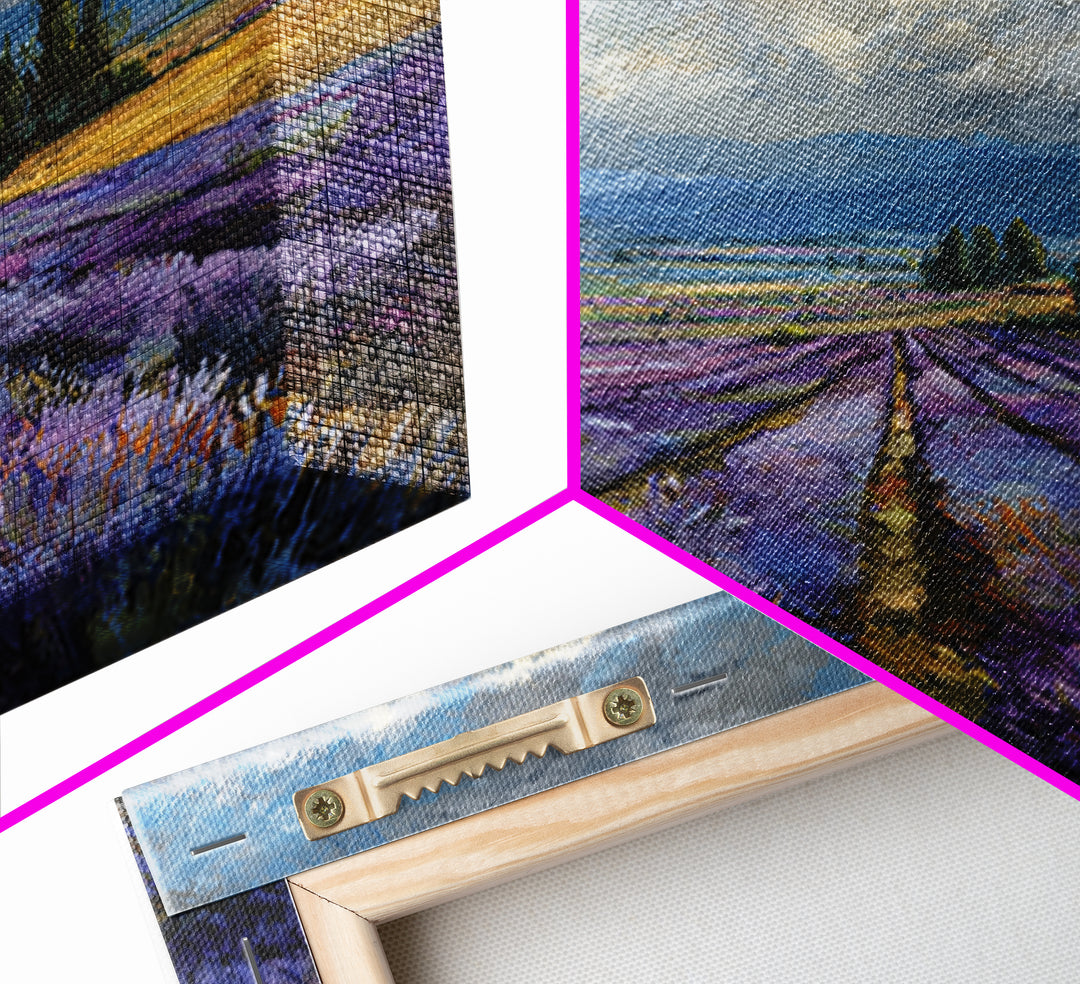 Lavender Field Leading to Distant Hills Framed Canvas Print, Landscape Art, Modern Art, Living Room Decor, Watercolor Art, LAN-1x1-58