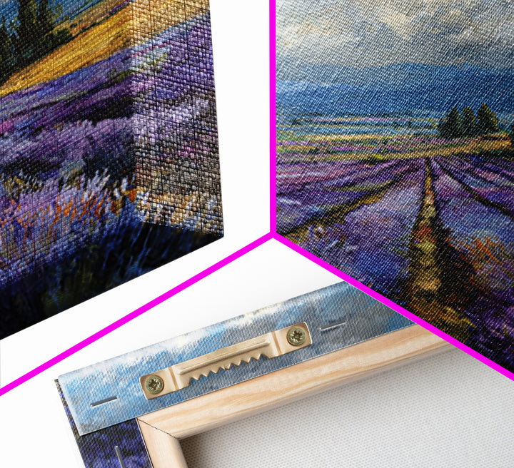 Lavender Field Leading to Distant Hills Framed Canvas Print, Landscape Art, Modern Art, Living Room Decor, Watercolor Art, LAN-1x1-58