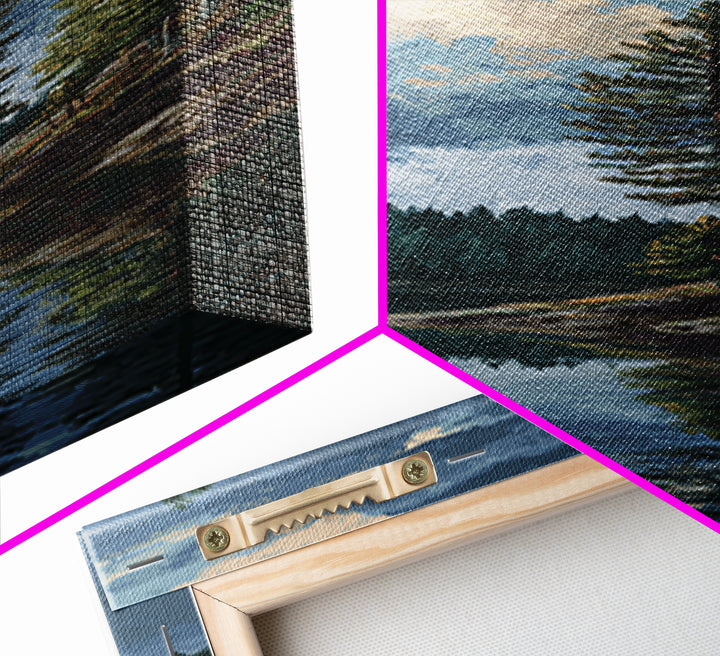 Quiet Lake Reflecting Pine Forest Canvas Print, Landscape Art, Framed Wall Art, Living Room Decor, Oil Painting, Horizon, LAN-1x3-40