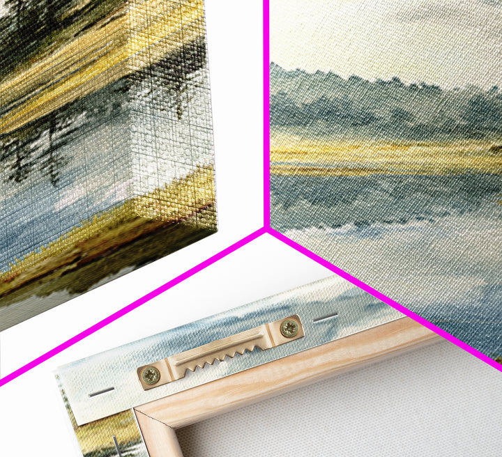 Quiet Lake Reflecting Pine Forest Framed Canvas Print, Landscape Art, Abstract Wall Art, Living Room Decor, Fine Art, Horizon, LAN-1x3-64