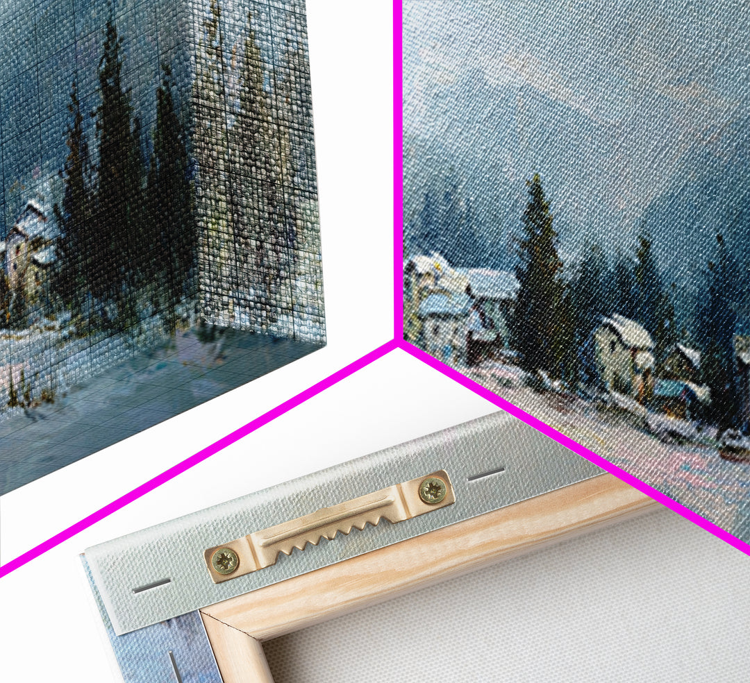 Snow Covered Alpine Village at Dusk Framed Canvas Print, Landscape Art, Framed Wall Art, Living Room Decor, Oil Painting, LAN-2x1-3
