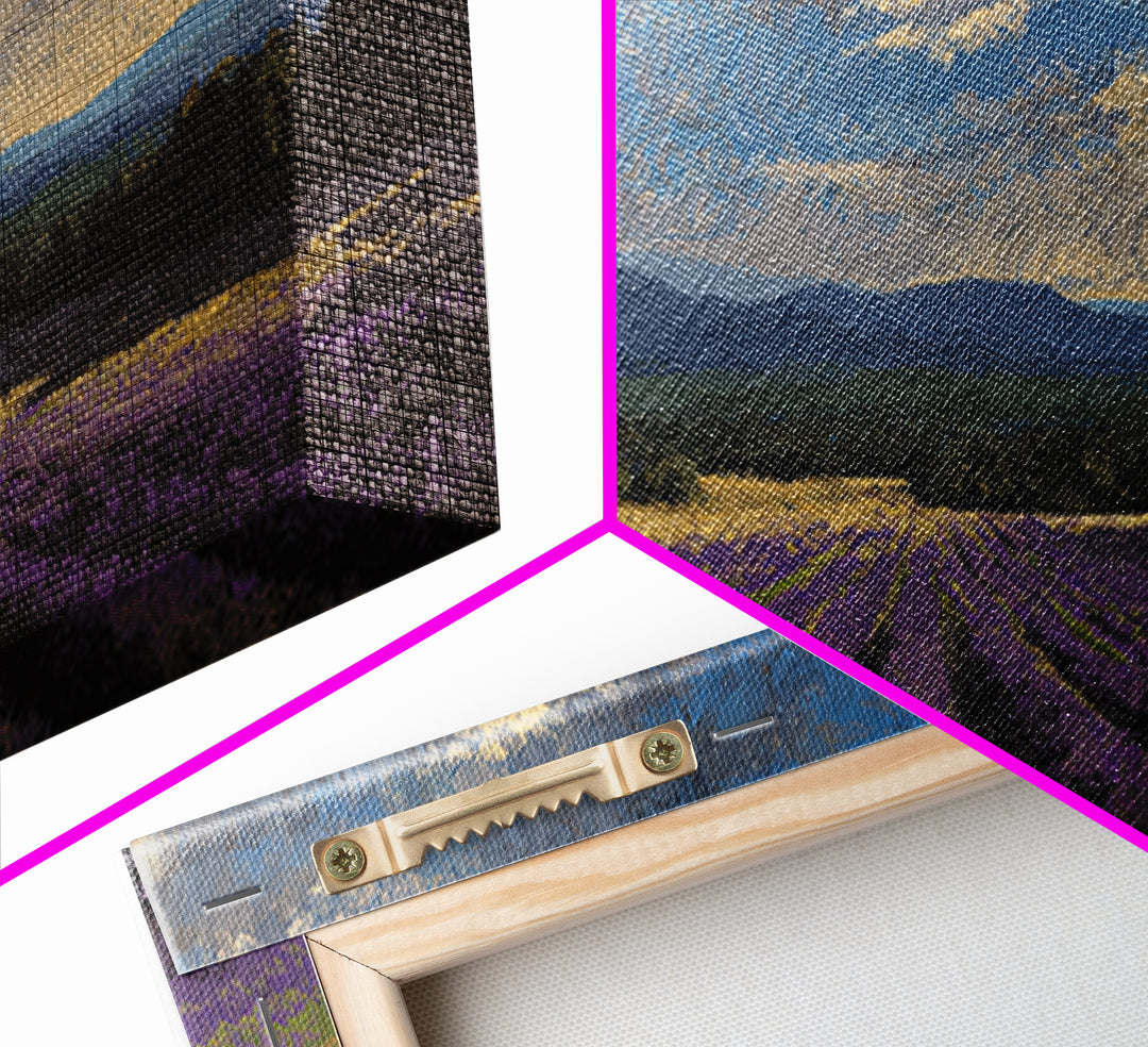 Lavender Field Leading to Distant Hills Framed Canvas Print, Landscape Art, Minimalist Decor, Living Room Decor, Oil Painting, LAN-2x1-30