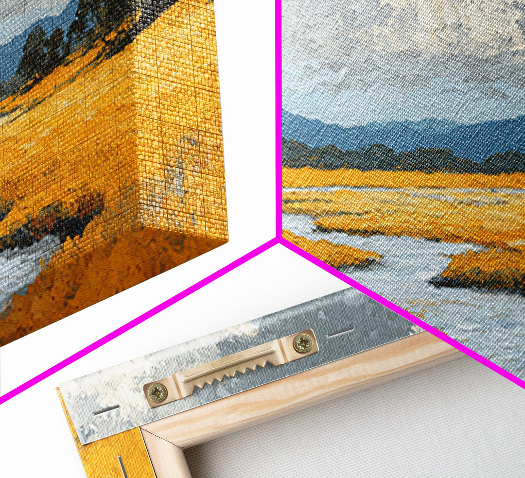 Winding River Through Golden Fields Framed Canvas Print, Landscape Art, Wall Decor, Living Room Decor, Fine Art, Horizon, LAN-2x1-46