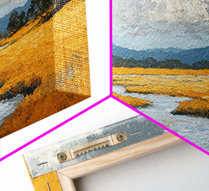 Winding River Through Golden Fields Framed Canvas Print, Landscape Art, Wall Decor, Living Room Decor, Fine Art, Horizon, LAN-2x1-46