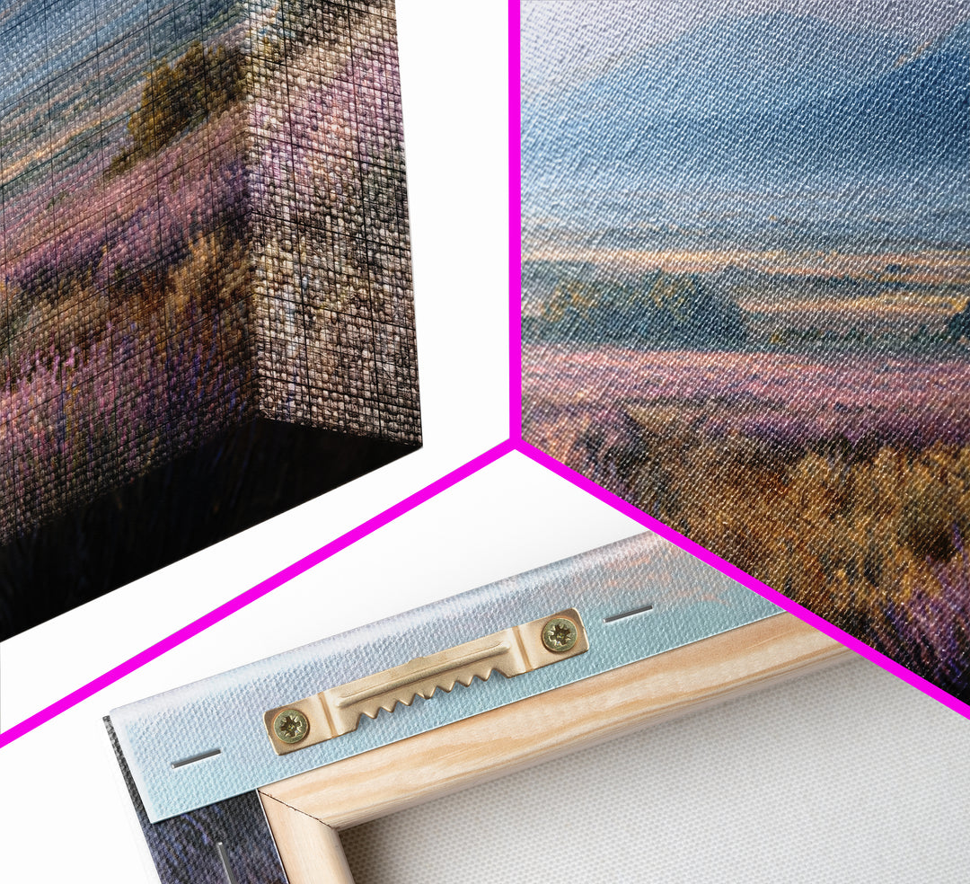 Lavender Field Leading to Distant Hills Framed Canvas Print, Landscape Art, Minimalist Decor, Living Room Decor, Oil Painting, LAN-2x1-6