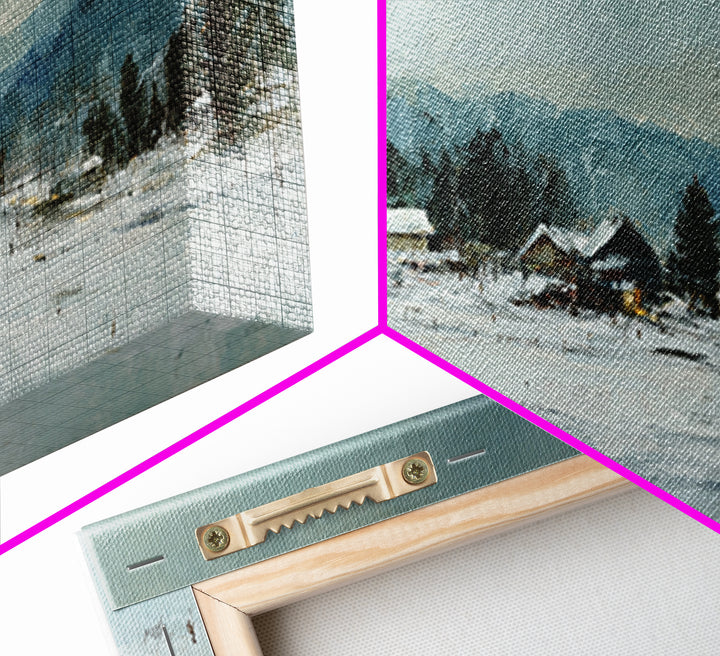 Snow Covered Alpine Village at Dusk Framed Canvas Print, Landscape Art, Abstract Wall Art, Living Room Decor, Fine Art, Horizon, LAN-2x1-99