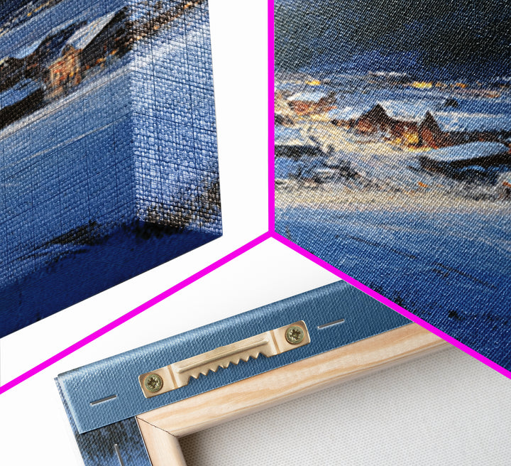 Snow Covered Alpine Village at Dusk Framed Canvas Print, Landscape Art, Living Room Wall Art, Living Room Decor, Oil Painting, LAN-2x3-87