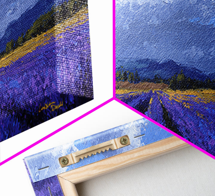 Lavender Field Leading to Distant Hills Framed Canvas Print, Landscape Art, Digital Wall Art, Living Room Decor, Horizon, LAN-3x1-2
