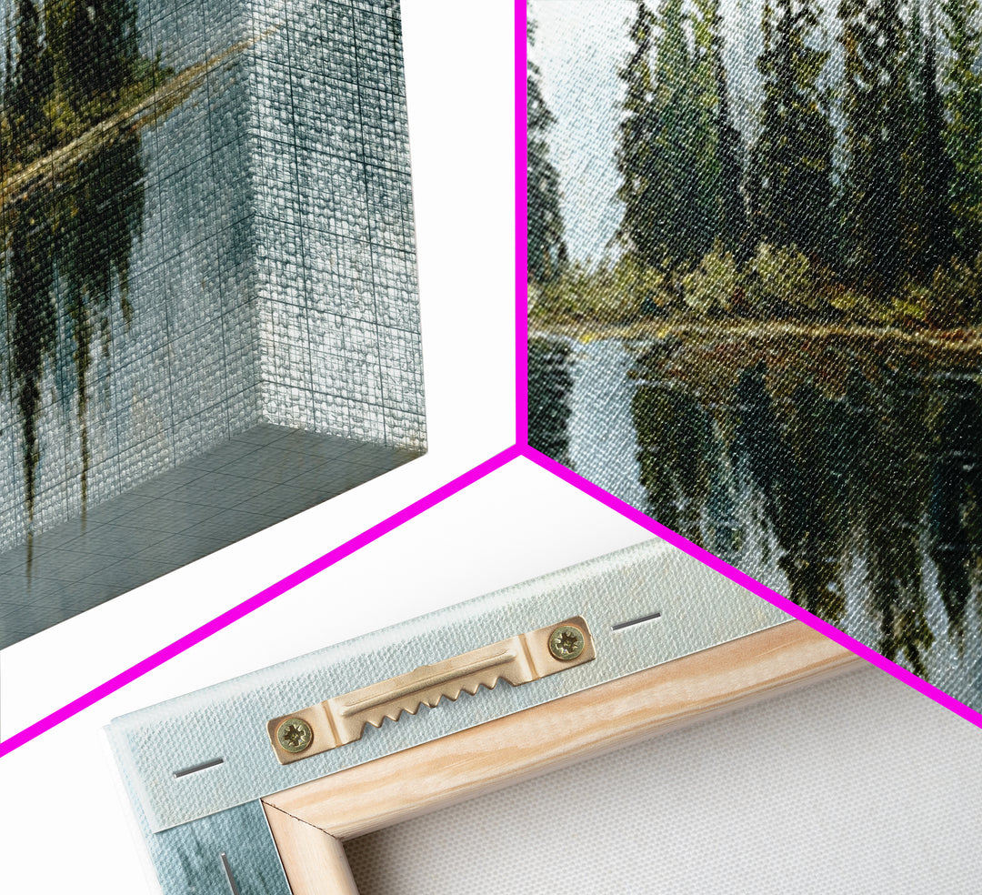 Quiet Lake Reflecting Pine Forest Framed Canvas Print, Landscape Art, Modern Decor, Living Room Decor, Fine Art, Horizon, LAN-3x1-44