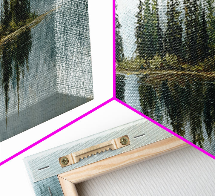 Quiet Lake Reflecting Pine Forest Framed Canvas Print, Landscape Art, Modern Decor, Living Room Decor, Fine Art, Horizon, LAN-3x1-44