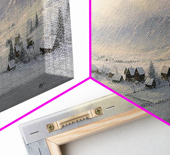 Snow Covered Alpine Village at Dusk Framed Canvas Print, Landscape Art, Digital Art, Living Room Decor, Fine Art, Horizon, LAN-3x1-47