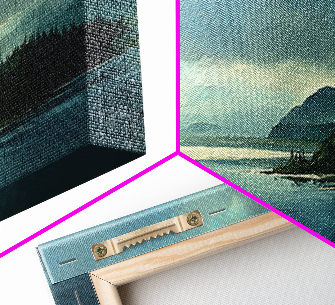 Fjord Landscape with Icy Blue Water Framed Canvas Print, Landscape Art, Decor, Living Room Decor, Oil Painting, Horizon, LAN-3x1-55