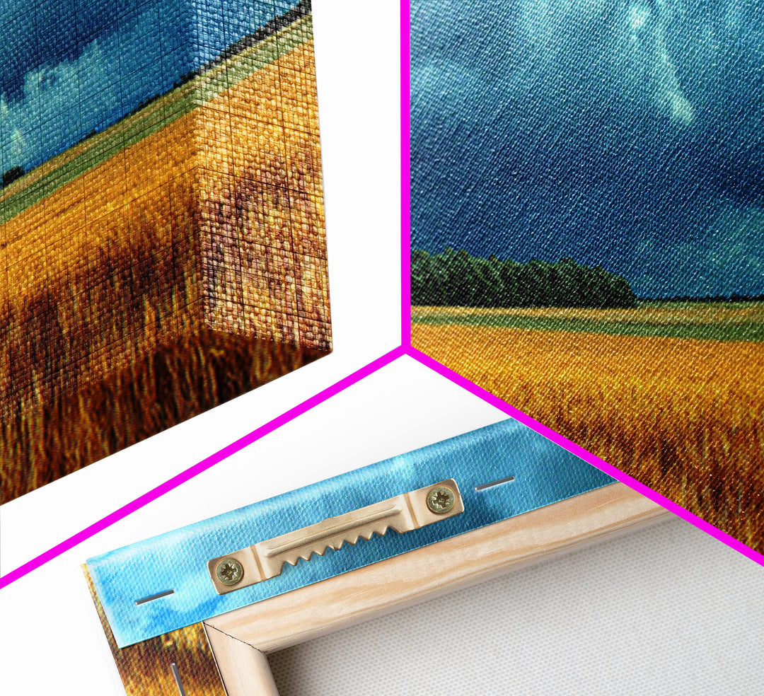 Golden Wheat Field Beneath Huge Clouds Framed Canvas Print, Landscape Art, Luxury Decor, Living Room Decor, Fine Art, Horizon, LAN-3x1-64