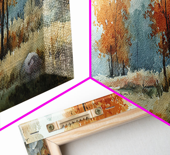Autumn Forest Path Framed Canvas Print, Landscape Art, Neutral Decor, Living Room Decor, Oil Painting, Horizon, Home Decor, LAN-3x1-73