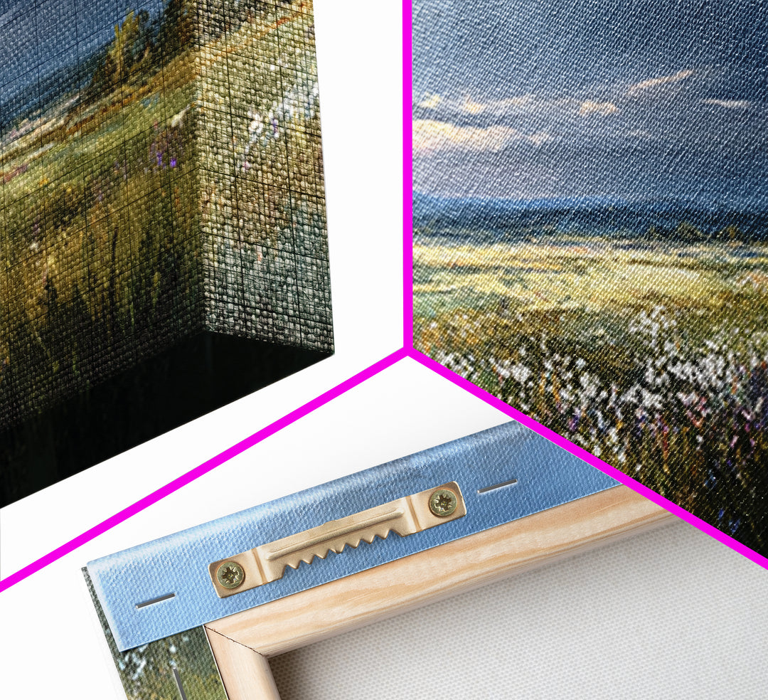 Sunlit Meadow with Wildflowers Framed Canvas Print, Landscape Art, Living Room Wall Art, Living Room Decor, Oil Painting, LAN-3x1-77