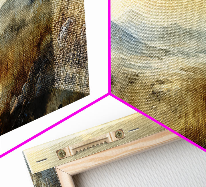 Misty Mountain Valley at Sunrise Framed Canvas Print, Landscape Art, Boho Decor, Living Room Decor, Fine Art, Horizon, LAN-3x1-89
