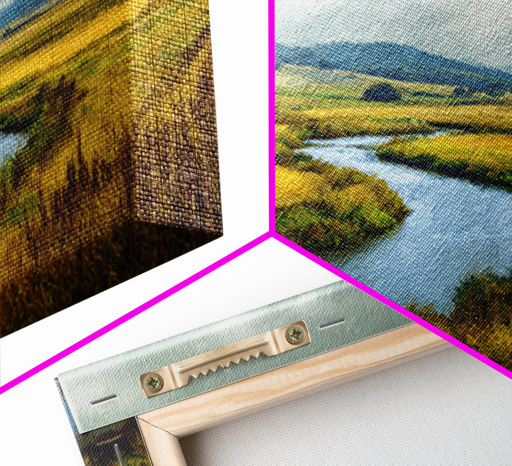 Winding River Through Golden Fields Framed Canvas Print, Landscape Art, Farmhouse Decor, Living Room Decor, Fine Art, Horizon, LAN-3x2-6