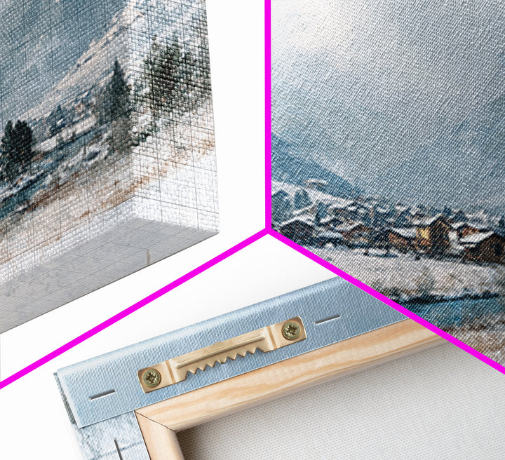 Snow Covered Alpine Village at Dusk Canvas Print, Landscape Art, Framed Wall Art, Living Room Decor, Oil Painting, Horizon, LAN-3x2-83