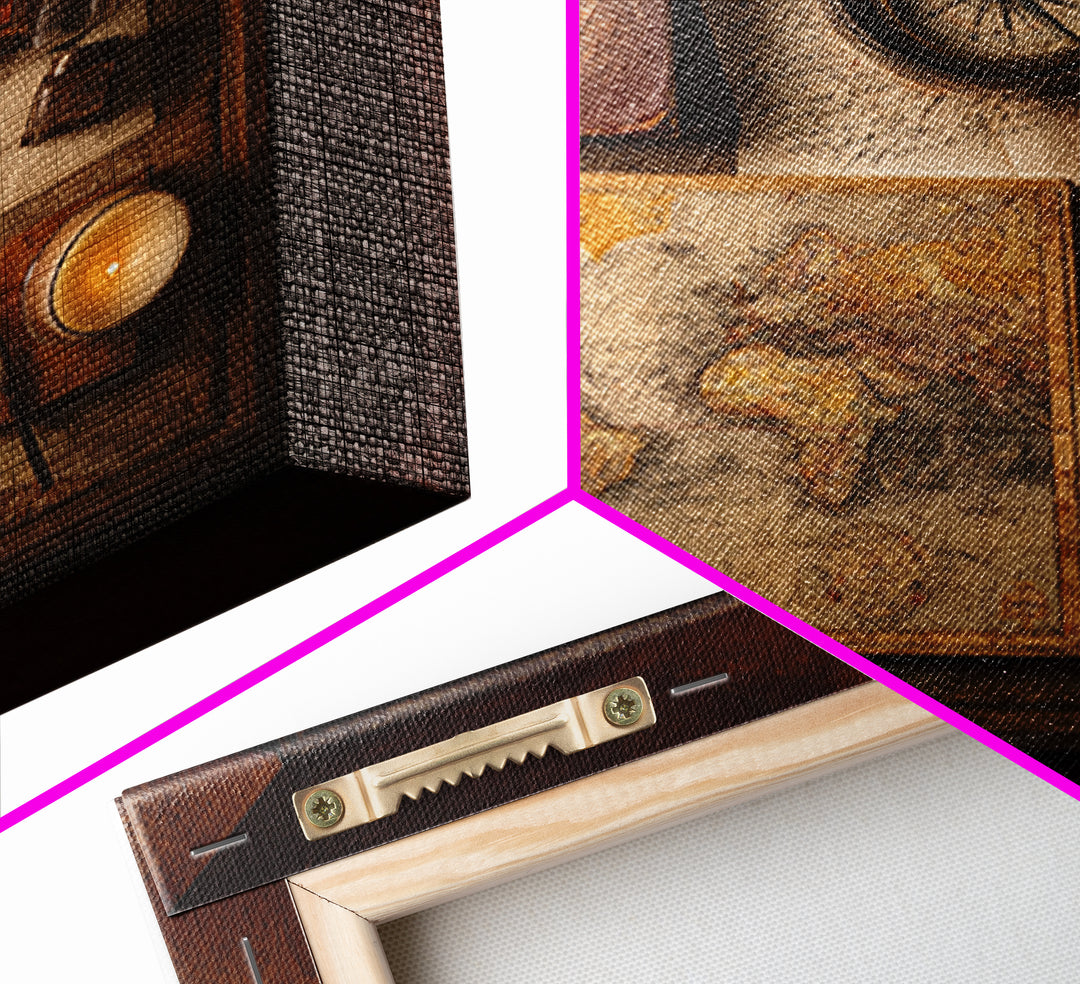 Map and Compass on Leather Bound Atlas Framed Canvas Print, Library Art, Room Decor, Library Decor, Fine Art, Archive, LIB-1x1-40