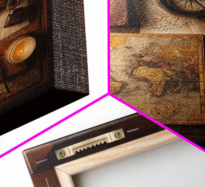 Map and Compass on Leather Bound Atlas Framed Canvas Print, Library Art, Room Decor, Library Decor, Fine Art, Archive, LIB-1x1-40