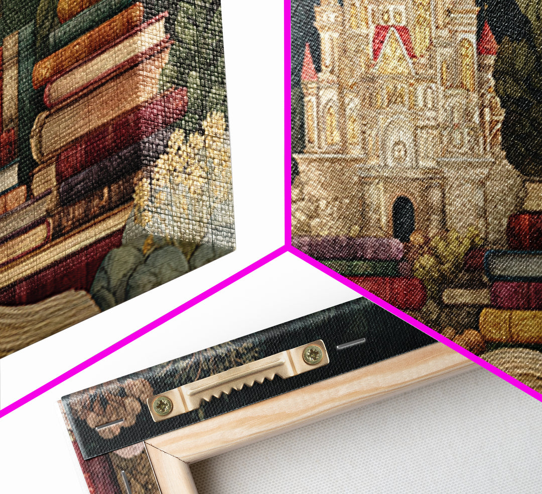 Storybook Castle Emerging from Open Book Framed Canvas Print, Library Art, Wall Art, Library Decor, Oil Painting, Archive, LIB-2x1-35