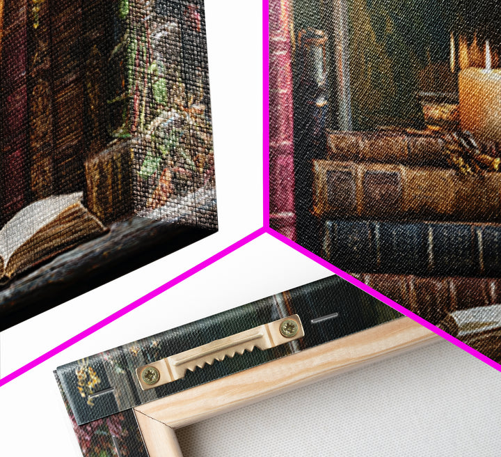 Old Books Stacked Framed Canvas Print, Library Art, Watercolor Painting, Library Decor, Oil Painting, Archive, Black Cat Art, LIB-2x1-45