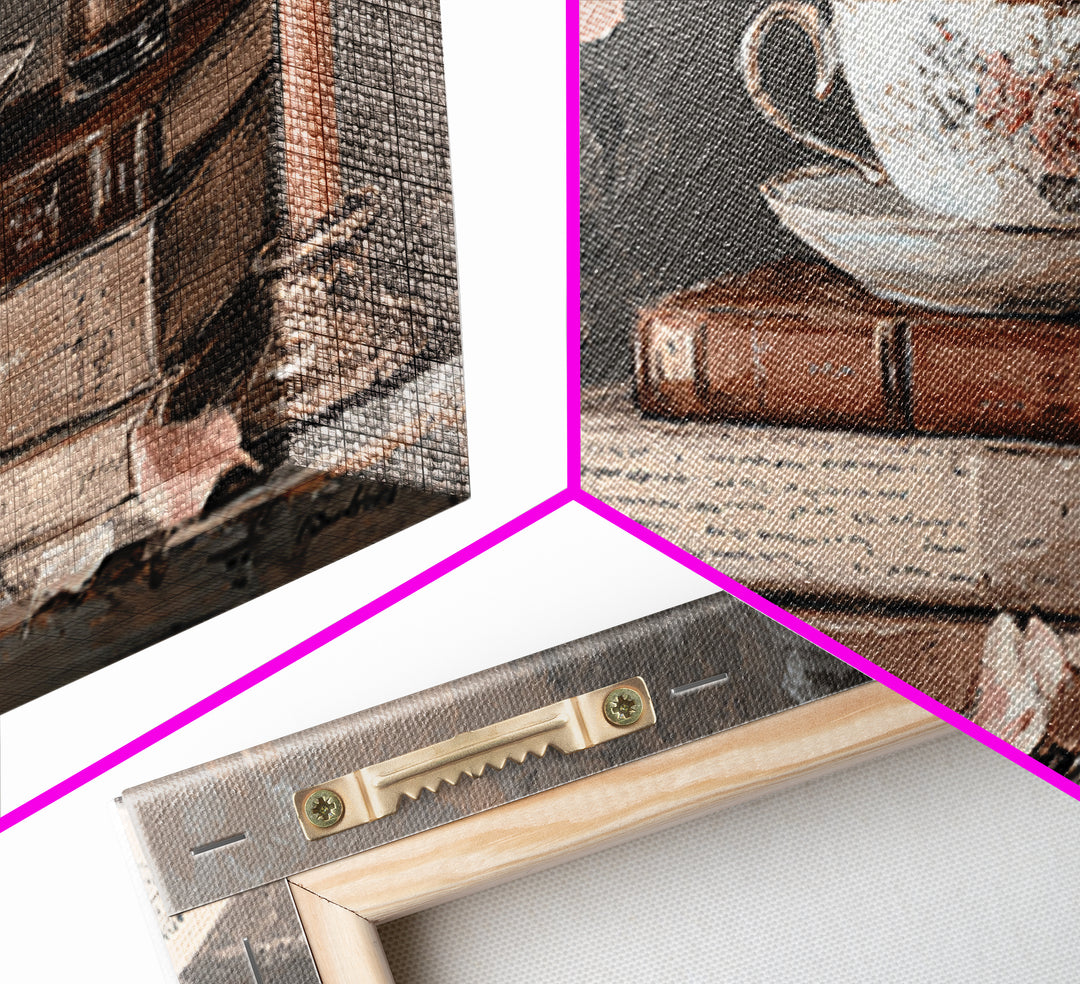 Teacup Beside a Novel and Roses Canvas Print, Library Art, Digital Art, Library Decor, Fine Art, Archive, Watercolor Art, LIB-2x1-58