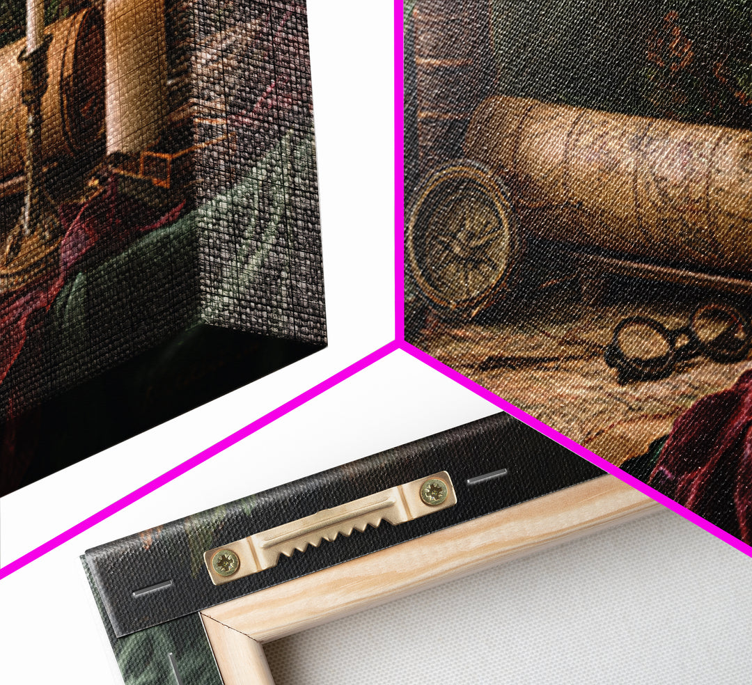 Map and Compass on Leather Bound Atlas Framed Canvas Print, Library Art, Gothic Home Decor, Library Decor, Oil Painting, LIB-2x1-60