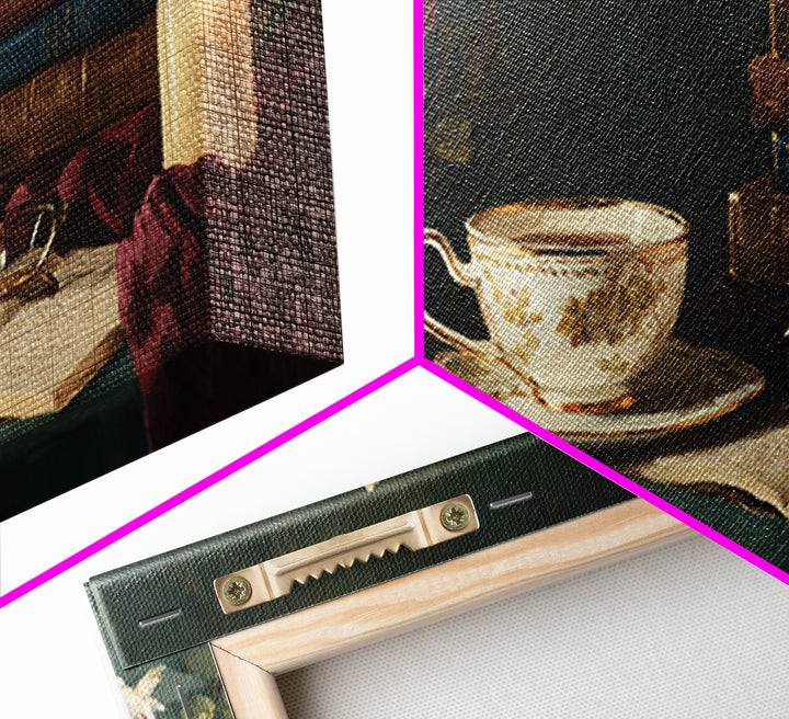 Teacup Beside a Novel and Roses Canvas Print, Library Art, Digital Art, Library Decor, Fine Art, Archive, Watercolor Art, LIB-2x1-82