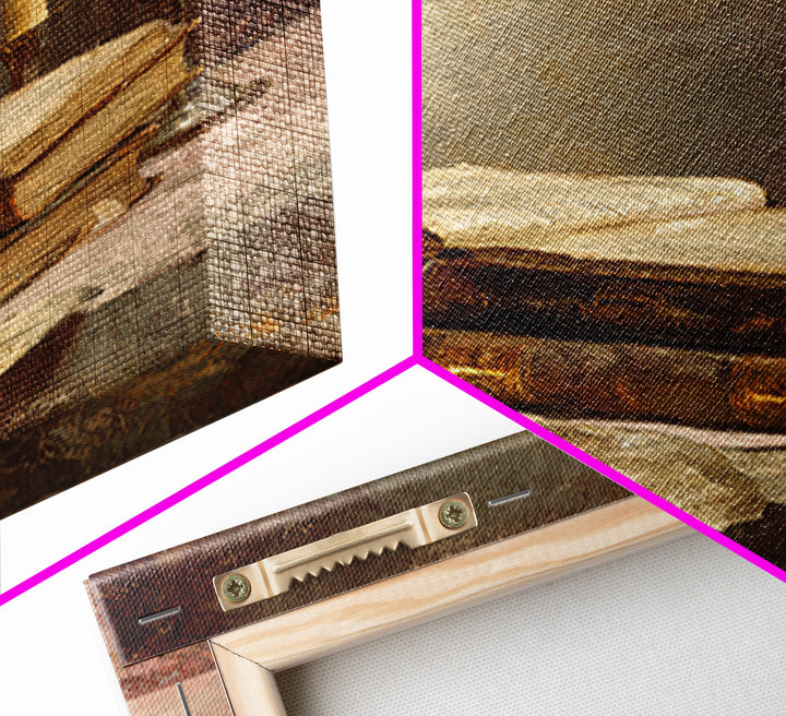 Ancient Book with Brass Clasps Framed Canvas Print, Library Art, Gothic Home Decor, Library Decor, Oil Painting, Archive, LIB-2x3-21
