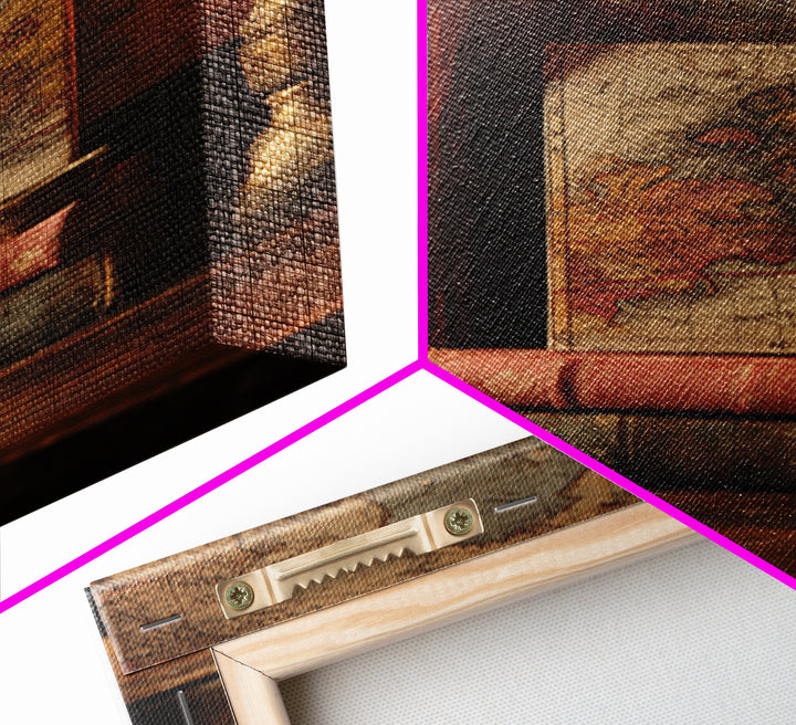 Map and Compass on Leather Bound Atlas Framed Canvas Print, Library Art, Modern Decor, Library Decor, Fine Art, Archive, LIB-2x3-24