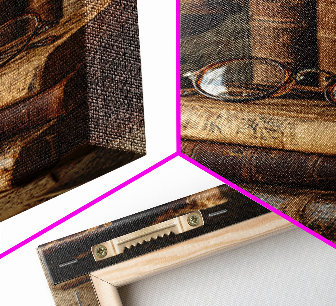 Antique Spectacles on a Manuscript Framed Canvas Print, Library Art, Whimsical Art, Library Decor, Fine Art, Archive, LIB-2x3-28