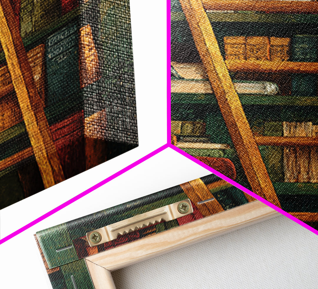 Rolling Library Ladder Framed Canvas Print, Library Art, Dark Academia Art, Library Decor, Abstract Art, Archive, Room Decor, LIB-2x3-83