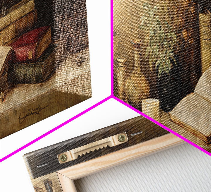 Warm Reading Lamp and Small Plant Still Framed Canvas Print, Library Art, Botanical Art, Library Decor, Watercolor Art, Archive, LIB-3x1-37