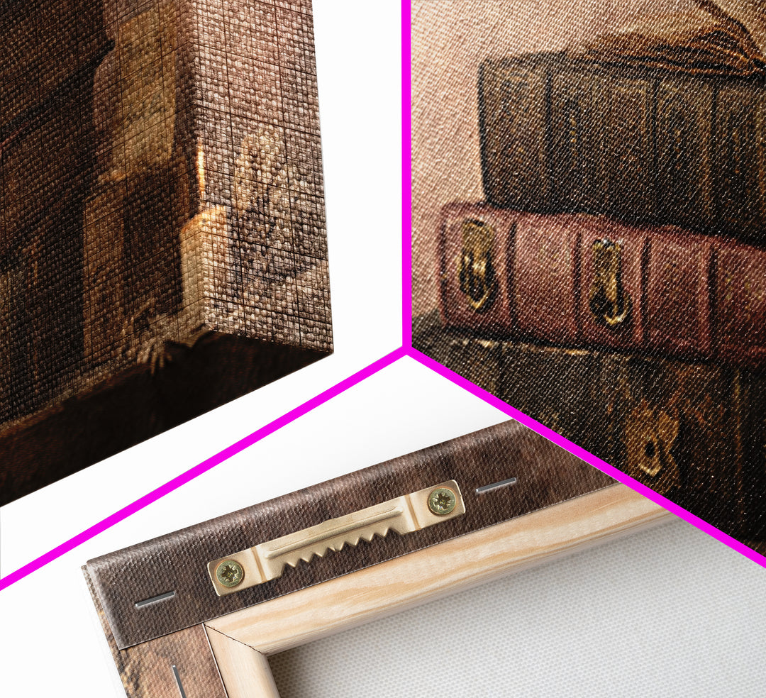 Ancient Book with Brass Clasps Framed Canvas Print, Library Art, Halloween Printable, Library Decor, Watercolor Art, Archive, LIB-3x1-5