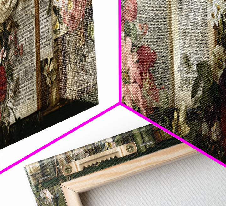 Botanical Pressed Flowers Inside Old Pages Framed Canvas Print, Library Art, Neutral Decor, Library Decor, Oil Painting, LIB-3x1-73